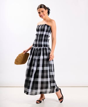 Black Check Drop Waist Midi Dress - 20
