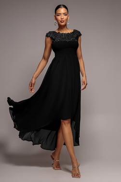 Goddiva Crochet & Pleated Top High Low Maxi - Black