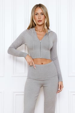 BASE Off Duty Model Cropped Knit Zip Hoodie Grey