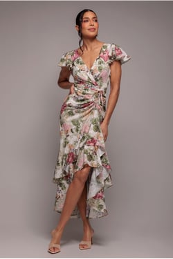 Goddiva Floral Wrap High And Low Midaxi Dress - Cream