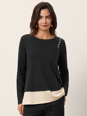 Cotton-Linen Contrast Panel Long Sleeve Top SILVIA - Charcoal Black / XXL