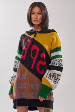 AKIRA Alpha Female Hooded Sweatshirt Dress In Yellow Multi | Black | Size Large