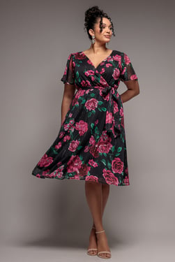 Goddiva Plus Floral Print Wrap Chiffon Midi Dress - Black Floral