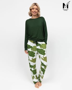 Olive Womens Green Slouch Jersey Top and Leaf Print Pyjama Set - 28
