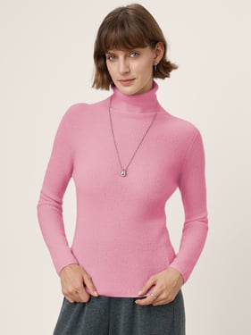 Premium Cashmere Blend Hand-Finished Seamless Turtleneck Sweater URMI - Pastel Pink / L