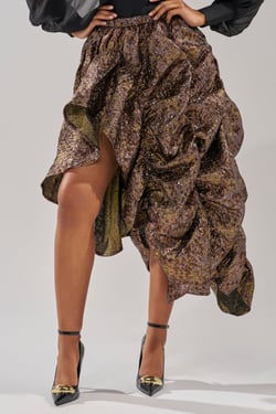 AKIRA Crazy For You Brocade Ruched Midi Skirt | Brown | Size 1X