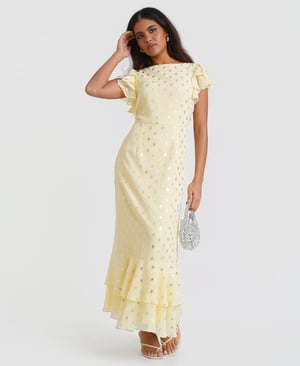 Lemon Flutter Sleeve Foil Midaxi Dress - 22