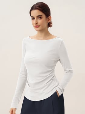 Wool Side Ruched Boat Neck Stretch Top VIVIEN - White / XXL
