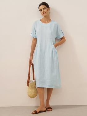 100% Linen Vintage A-Line Button Detail Maxi Dress AMIN - Silence Blue / XXL
