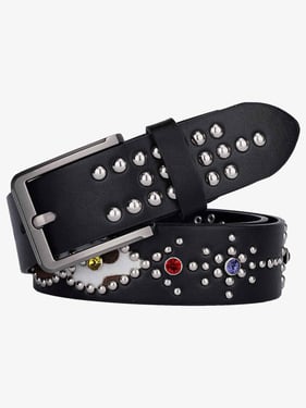 Retro Multicolor Gem Studded PU Belt - Black / 125cm