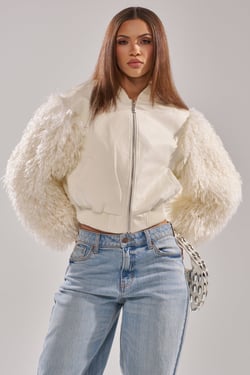 AKIRA So Good It Hurts Fur Sleeve Bomber Jacket In Ivory | Size XL