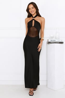 Formal Statement Halter Satin Maxi Dress Black