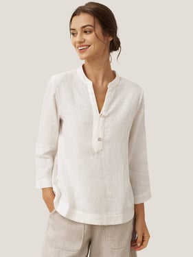 100% Linen Deep V-Neck Pullover with Button-Trim JOLYNE - Optic White / XXL