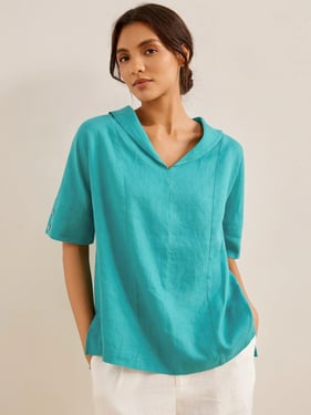 100% Linen V-Neck Short Sleeve Shirt SIERRA - Mint Lagoon / XXXL