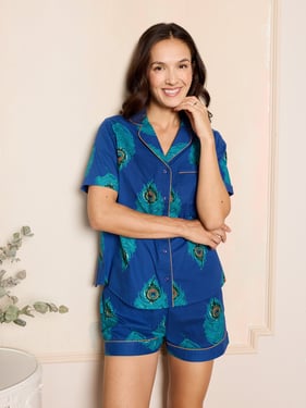 Womens Cotton Shortie Pyjamas Navy Peacock Feather - 3XL / 22-24 / Blue