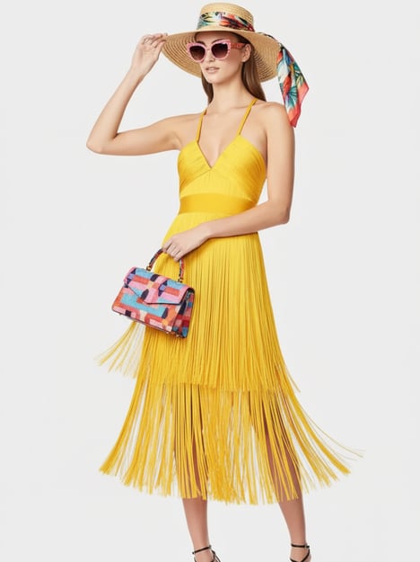 Fringe Bandage Dress With Suspender Straps For Women, Tribeca, BYMANYC New York.
