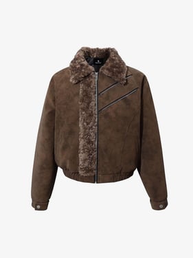 Retro Suede Texture Shearling Collar Fleece Bomber Jacket - Coffee / XL