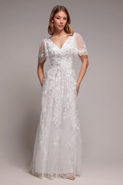 Goddiva Flared Sleeve Embroidered Maxi Dress - White