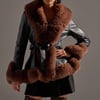 AKIRA Kenzy Fur Trim Peplum Moto Jacket Brown | Black | Size Medium