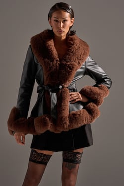 AKIRA Kenzy Fur Trim Peplum Moto Jacket Brown | Black | Size XL