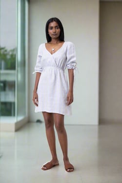 Gathered Elbow Sleeve Short Dress in Stripes - Textured Stripes / XL