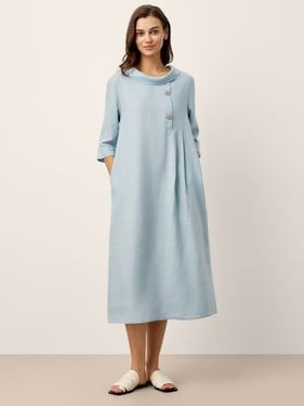 100% Linen Rolled Collar Asymmetric PlacketMaxi Dress ELARAINE - Sky Blue / XXL