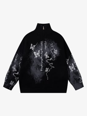 Ink-Splashed Butterfly Jacquard Zip Knit Sweater - Black / XL