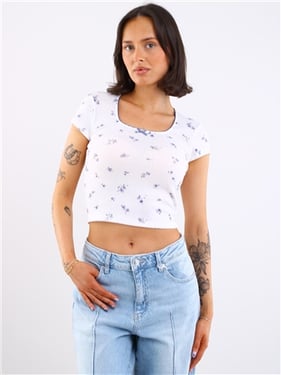 Daisy Street Pointelle Floral Print Top - Purple White - 8