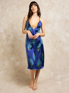 Womens Satin Lace Midi Cami Night Dress Navy Peacock - 3XL / 22-24 / Blue