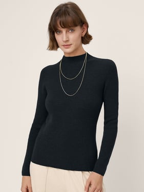 Premium Cashmere Blend Hand-Finished Seamless Fitted Mock Neck Sweater ZINA - Charcoal Black / L