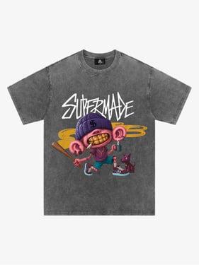 Thesupermade Cartoon Graffiti Trendy Weird Kid T-Shirt - Washed Ash / XXL