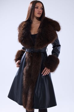 AKIRA Main Squeeze Fur Trim Trench Coat | Black | Size XL