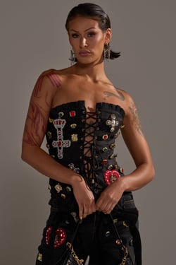 AKIRA Maeve Embellished Corset Top | Black | Size XL
