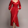 Goddiva Satin Viscose Front Buttoned Dipped Hem Midaxi Dress - Red