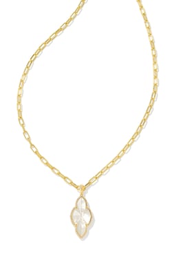 Abbie Gold Pave Frame Large Long Pendant Necklace Ivory Mother Of Pearl