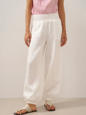 100% Linen Broad Elastic Waistband Pants TALIA - Optic White / XXL