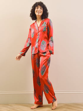 Womens Satin Traditional Pyjamas Red Peacock Feather - 3XL / 22-24 / Red