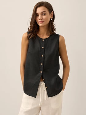 100% Linen Buttons Down Tank Top ERIN - Charcoal Black / XXL