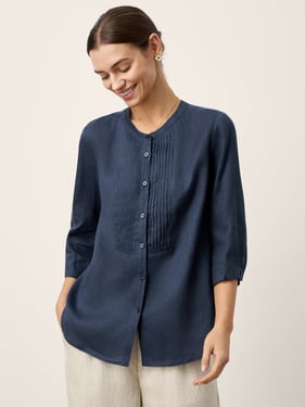 100% Linen Sculpted Accordion Pleat Crew Neck Shirt RANA - Ocean Blue / XXL