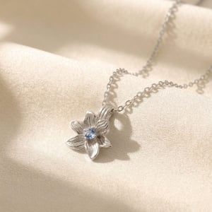 Aquamarine March Birthstone Daffodil Birthflower Sterling Silver Charm Necklace