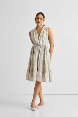 Embroidered Drawstring Gathered Dress in Grey - Light Grey / S