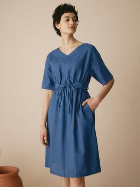Linen V-Neck Belted Dress SERENA - Sea Blue / XXL