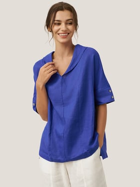 100% Linen V-Neck Short Sleeve Shirt SIERRA - Royal Blue / XXXL