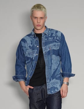 Peace' Laser Print Denim Shirt in Blue
