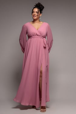 Goddiva Plus Wrap Back With Front Slit Chiffon Maxi Dress - Dusty Pink