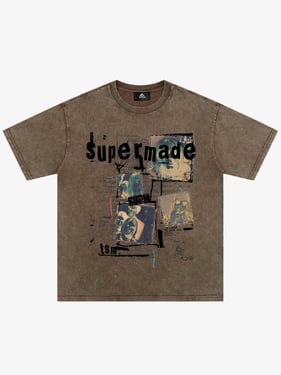 Washed Vintage Collage Graphic T-Shirt - Coffee / 2XL
