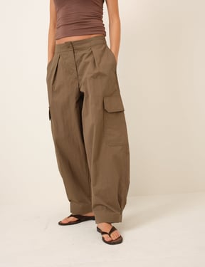 Khaki Barrel Leg Cargo Trousers
