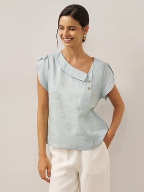 100% Linen Crescent Collar Flutter Sleeve Top FARA - Aqua Blue / XXL