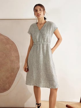 100% Linen Striped Elastic-Waist Midi Dress ARIA - Black Stripe / XXL