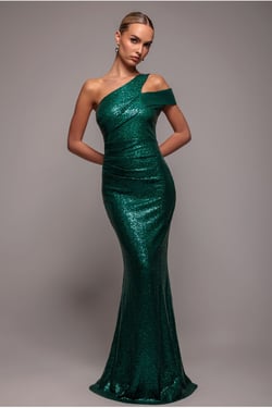 Goddiva One Shoulder Sequin Evening Maxi - Emerald Green